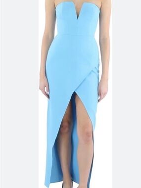 BCBGMaxAzria Light Blue Strapless V-Notch High-Slit Gown